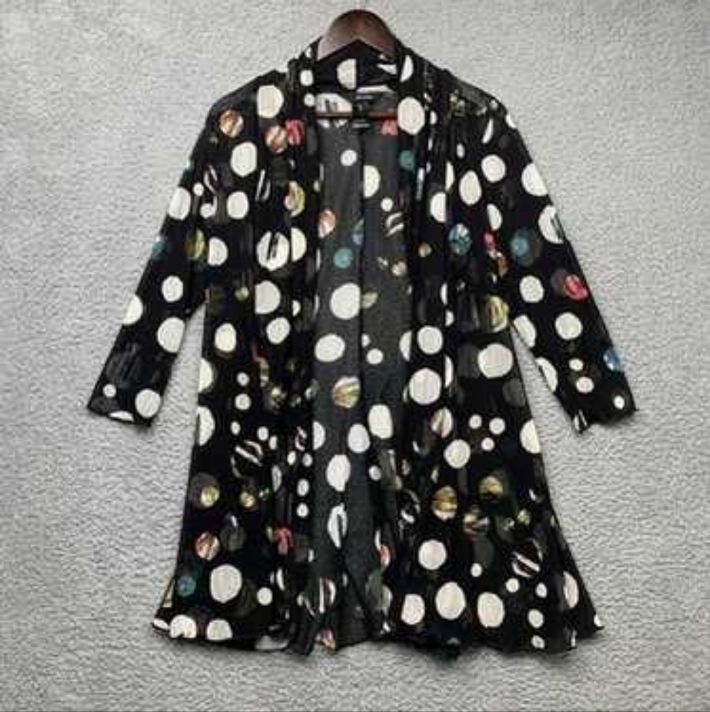 Ali Miles Artsy Stretch Mesh Sheer Black and White Polka Dot Tunic Jacket  Small